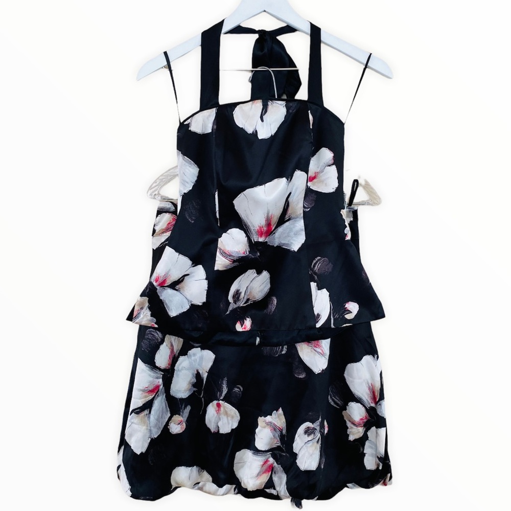 WHBM 2‎ Pc Satin Black & Pink Floral Halter Skirt Set Size 4